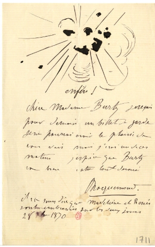 Lettre de Félix Bracquemond à Madame Burty, 28 décembre 1870