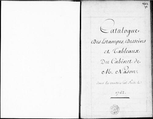 Catalogue de la vente des estampes, dessins et tableaux du Cabinet de M. Nason [...] : [vente de décembre 1762]