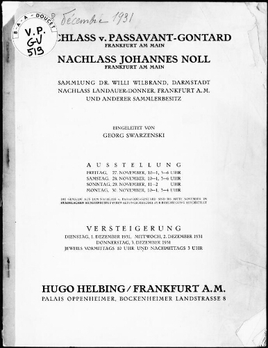 Nachlass v. Passavant-Gontard, Frankfurt am Main [...] : [vente du 1er au 3 décembre 1931]