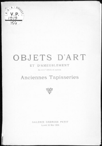 Catalogue des objets d'art et d'ameublement [...] : [vente du 19 mai 1919]