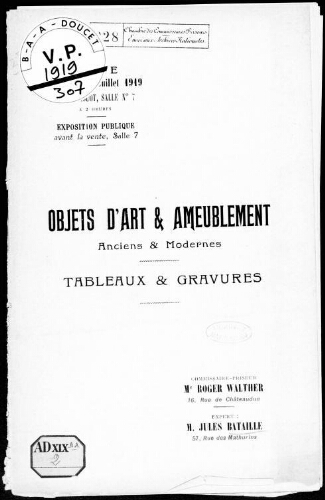 Catalogue des objets d'art et d'ameublement anciens et modernes [...] : [vente du 3 juillet 1919]