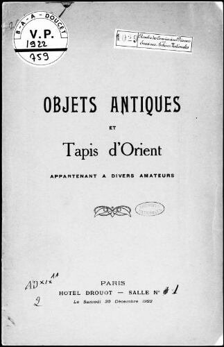 Objets antiques et tapis d'Orient appartenant à divers amateurs : [vente du 30 décembre 1922]