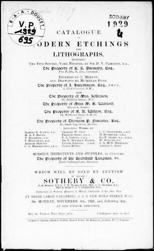 Catalogue of modern etchings and lithographs [...], the property of E. S. Darmady [...] : [vente du 4 novembre 1929]