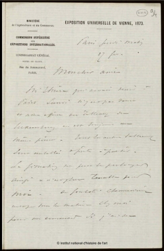 Lettre du Minsitère de l'Agriculture et du Commerce [...] à Jean-Louis-Ernest Meissonier, 27 février 1873