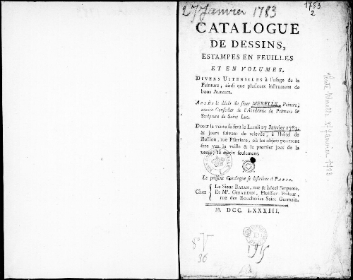 Catalogue de dessins, estampes en feuilles et en volumes [...] : [vente du 27 janvier 1783]