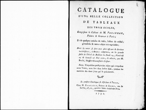 Catalogue d'une belle collection de tableaux des trois écoles, composant le cabinet de M. Parizeau [...] : [vente du 24 mai 1792]