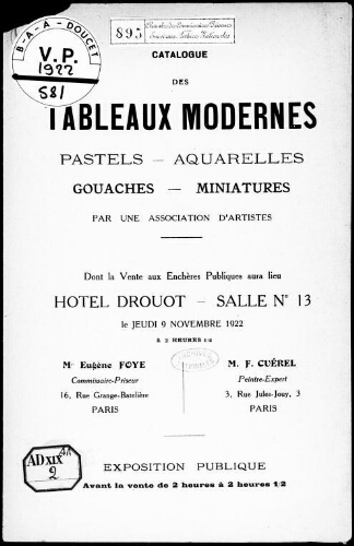 Catalogue des tableaux modernes, pastels, aquarelles, gouaches, miniatures, par une association d'artistes [...] : [vente du 9 novembre 1922]