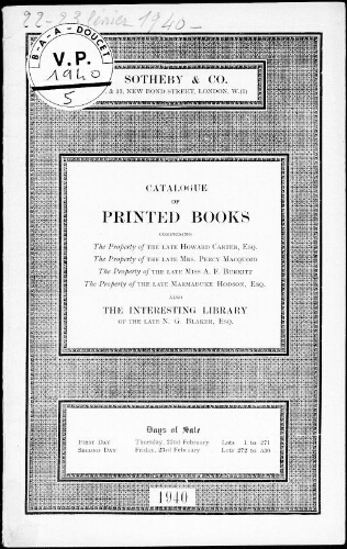 Catalogue of Printed Books [...] : [vente des 22 et 23 février 1940]