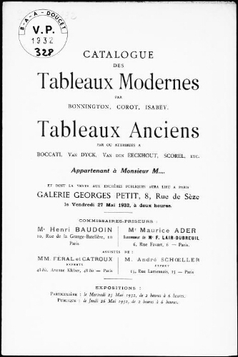 Catalogue des tableaux modernes, […] tableaux anciens […] appartenant à Monsieur M... : [vente du 27 mai 1932]