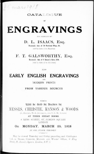 Catalogue of engravings […] : [vente du 25 mars 1918]
