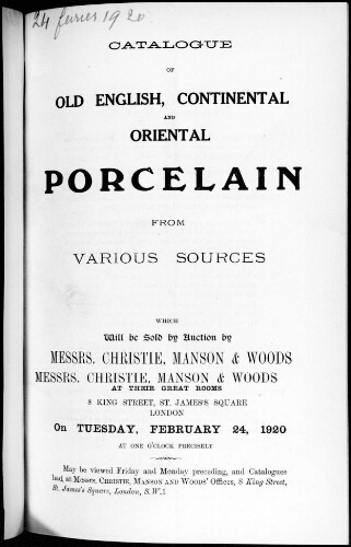 Catalogue of old english continental and oriental [...] : [vente du 24 février 1920]