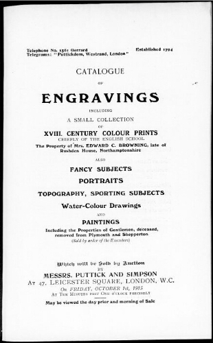 Catalogue of engravings including a small collection of XVIII century colour prints chiefly of the English school […] : [vente du 1er octobre 1915]