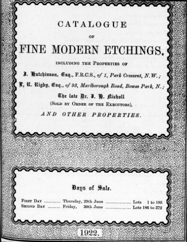 Catalogue of fine modern etchings, including the properties of J. Hutchinson, Esq. [...] : [vente des 29 et 30 juin 1922]