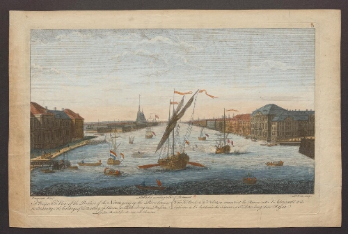 A perspective view of the borders of the Neva, going up the river between the Admiralty et the buildings of the Academy of sciences, at Saint Petersburg [...]