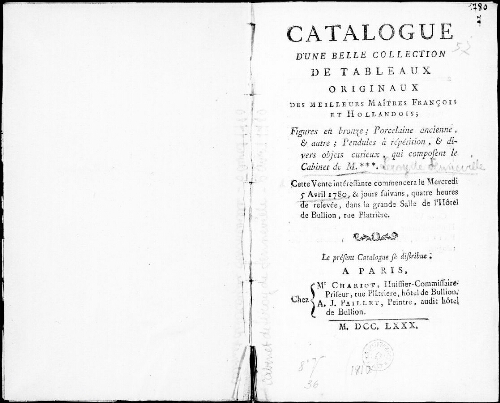 Catalogue d’une belle collection de tableaux originaux des meilleurs maîtres français et hollandais [...] : [vente du 5 avril 1780]