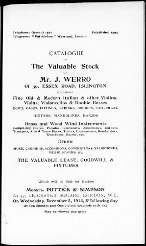 Catalogue of the valuable stock of Mr. J. Werro […] : [vente du 2 décembre 1914]