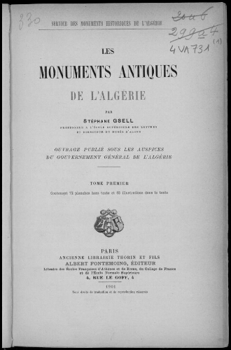 Les Monuments antiques de l'Algérie. Tome 1