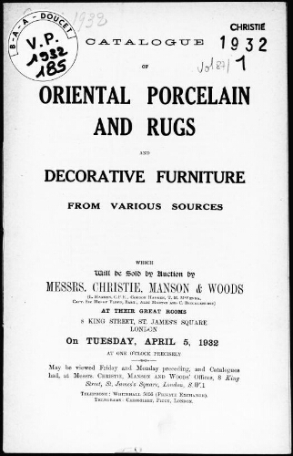 Catalogue of oriental porcelain and rugs, and decorative furniture from various sources : [vente du 5 avril 1932]