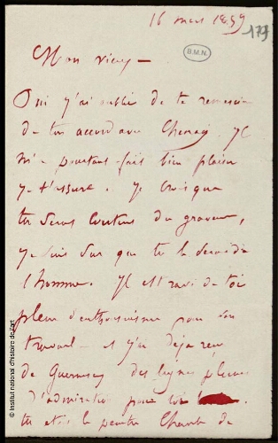 Lettre concernant un accord passé entre Jean-Louis-Ernest Meissonier et le graveur Paul Chenay, 16 mars 1859