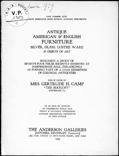 Antique American and English furniture [...] sold by order of Mrs. Gertrude H. Camp [...] : [vente des 18 et 19 janvier 1929]