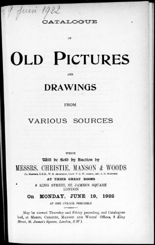 Catalogue of old pictures and drawings from various sources : [vente du 19 juin 1922]
