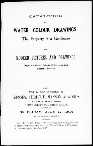 Catalogue of water colour drawings […] : [vente du 17 juillet 1914]