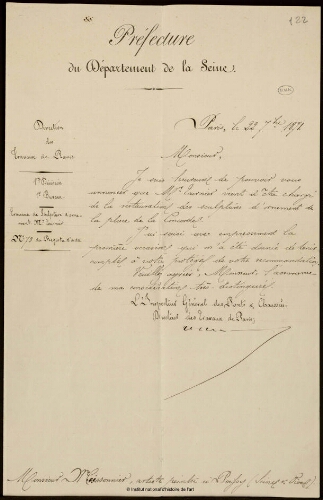 Lettre de l'Inspecteur Général des Ponts et Chaussée [...] à Jean-Louis-Ernest Meissonier, 22 septembre 1871
