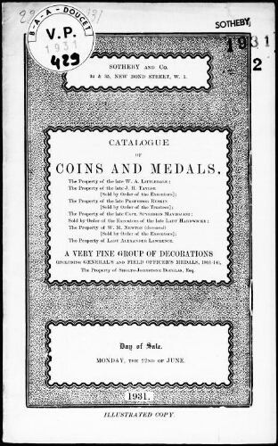 Catalogue of […] coins and medals, the property of the late W. A. Littledale […] : [vente du 22 juin 1931]