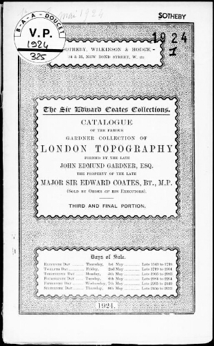 The Sir Edward Coates collections. Catalogue of the famous Gardner collection of London topography [...] : [vente du 1er au 8 mai 1924]