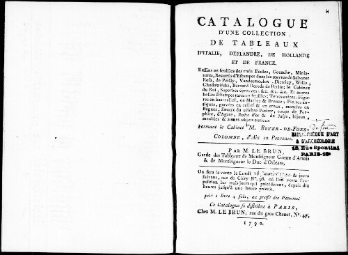 Catalogue d’une collection de tableaux d’Italie, de Flandre, de Hollande et de France, dessins en feuilles [...] : [vente du 18 janvier 1790]