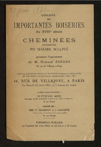 Catalogue des importantes boiseries [...] garnissant l'appartement de Monsieur Armand Esders [...] [quatrième vente] : [vente du 21 juin 1941]