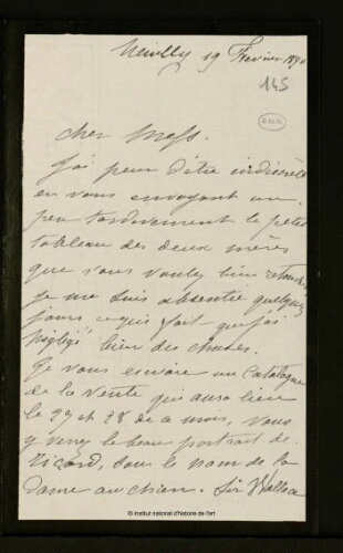 Lettre de Madame Hallet (?) à Jean-Louis-Ernest Meissonier, 19 février 1890