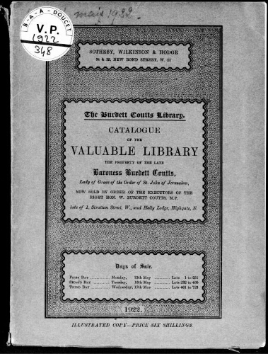 The Burdett Coutts library. Catalogue of the valuable library, the property of the late Baronness Burdett Coutts [...] : [vente du 15 au 17 mai 1922]