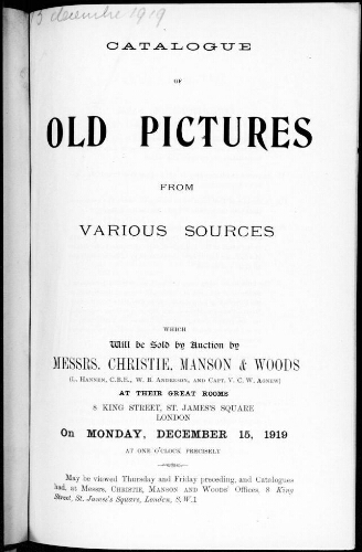 Catalogue of old pictures from various sources [...] : [vente du 15 décembre 1919]
