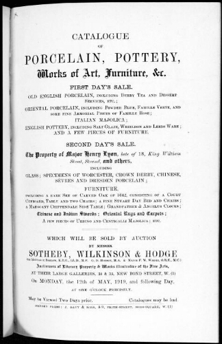 Catalogue of porcelain, pottery, works of art, furniture [...] : [vente du 12 mai 1919]