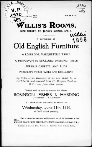 Old English furniture [...], by order of the Executors of the late Mrs. C. L. Phelips [...] : [vente du 11 juin 1930]