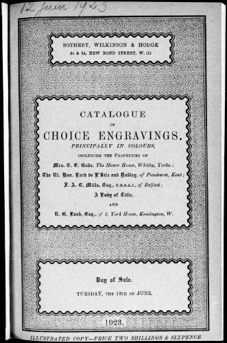 Catalogue of choice engravings, principally in colours, including the properties of Mrs. E. E. Gade [...] : [vente du 12 juin 1923]