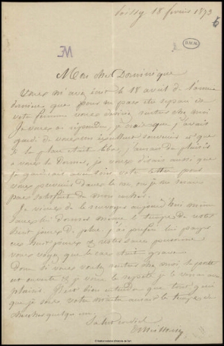 Lettre de Jean-Louis-Ernest Meissonier à Dominique, Poissy, 18 février 1879