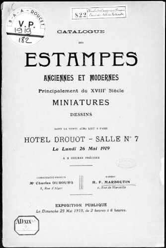 Catalogue des estampes anciennes et modernes principalement du XVIIIe siècle [...] : [vente du 26 mai 1919]