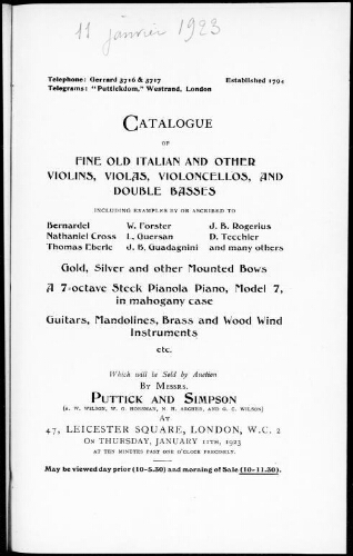 Catalogue of fine old Italian and other violins, violas, violoncellos, and double basses [...] : [vente du 11 janvier 1923]