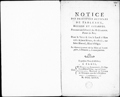 Notice des principaux articles de tableaux, dessins et estampes provenant du Cabinet de feu M. Chardin [...] : [vente du 6 mars 1780]