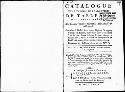Catalogue d'une précieuse collection de tableaux des grands maîtres [...] : [vente du 4 avril 1793]