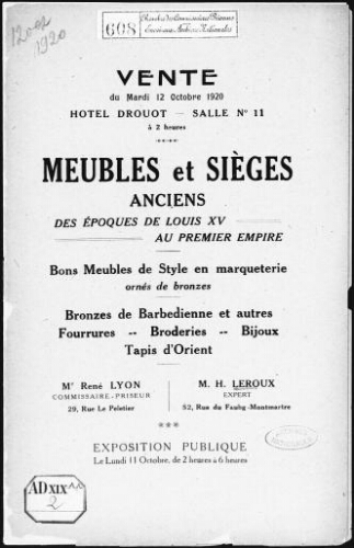 Meubles et sièges anciens des époques de Louis XV au Premier Empire [...] : [vente du 12 octobre 1920]