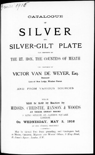 Catalogue of silver and silver-gilt plate […] : [vente du 3 mai 1916]