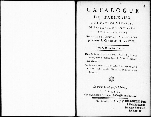 Catalogue de tableaux des écoles d'Italie, de Flandres, de Hollande et de France [...] : [vente du 2 mai 1785]