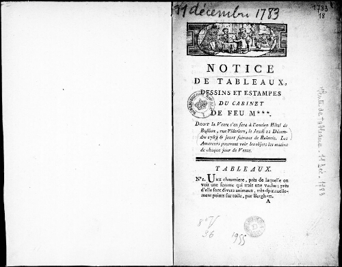 Notice de tableaux, dessins et estampes du Cabinet de feu M*** [...] : [vente du 11 décembre 1783]