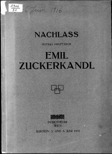 Nachlass Hofrat Professor Emil Zuckerkandl ; Auserlesene Sammlung von Altwiener Porzellan [...] : [vente des 5 et 6 juin 1916]
