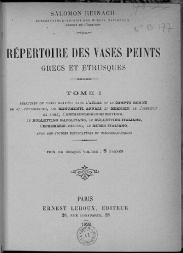 Répertoire des vases peints grecs et étrusques. Tome 1