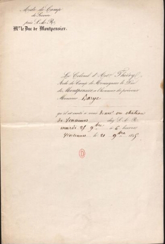 Invitation et lettre de Thiéry, aide de camp du duc de Montpensier