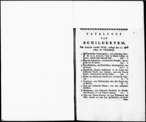 Catalogus van Schilderyen van Reinier vander Wolf [...] : [vente du 17 avril 1693]